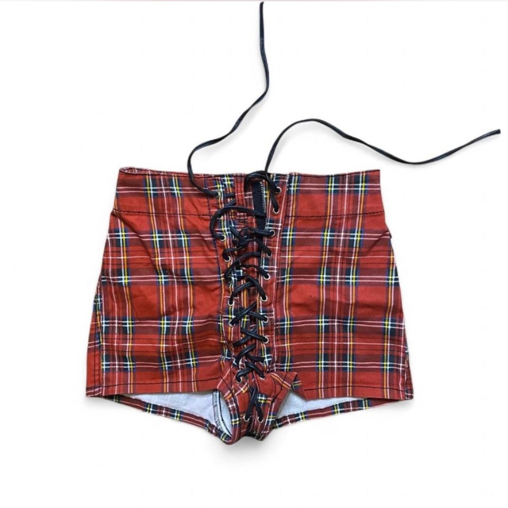 tripp nyc red plaid lace up shorts